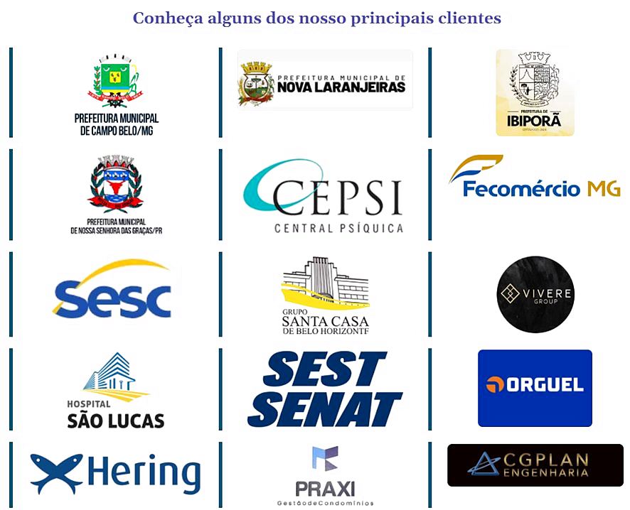 Clientes MDT Engenharia — Prefeitura Campo Belo, Nova Laranjeiras, Ibiporã, CEPSI, Fecomércio MG, SESC, Santa Casa BH, SEST SENAT, Hospital São Lucas, Hering, ORGUEL, Praxi, CGPlan